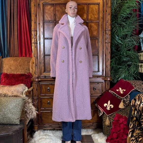 G by Giuliana Black Label Lavender Faux Shearling Teddy Double Breast Long Coat - Picture 4 of 10